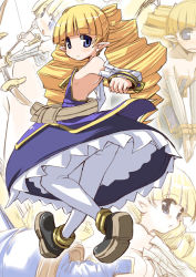 Rule 34 | 1girl, archer (disgaea), archer (fate), bare shoulders, belt, black footwear, blonde hair, blue dress, blue eyes, blunt bangs, bow (weapon), detached sleeves, disgaea, dress, drill hair, fate (series), flat chest, from behind, hirowa nagi, long hair, looking at viewer, looking back, pantyhose, petticoat, pointy ears, shoes, solo, standing, strapless, strapless dress, twin drills, twintails, weapon, white pantyhose