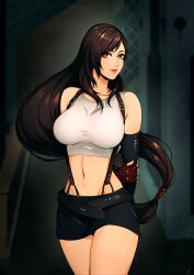 Rule 34 | 1girl, absurdres, arm behind back, black skirt, blurry, blurry background, breasts, brown hair, closed mouth, collarbone, crop top, elbow gloves, eyelashes, final fantasy, final fantasy vii, fingerless gloves, gloves, highres, large breasts, light smile, long hair, looking at viewer, low-tied long hair, midriff, miniskirt, navel, red gloves, skirt, solo, standing, suspender skirt, suspenders, tank top, thighs, tifa lockhart, very long hair, white tank top, x84
