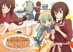 Rule 34 | 10s, 2girls, ?, ??, absurdres, alcohol, alternate costume, alternate hairstyle, anchovy (girls und panzer), apron, beer, beer bottle, beer mug, blouse, brown eyes, brown hair, closed eyes, commentary, cooking, cup, dark-skinned female, dark skin, dress, dumpling, food, frying pan, girls und panzer, green hair, head scarf, highres, hoshikawa (hoshikawa gusuku), jiaozi, leaf, long hair, low-braided long hair, low-tied long hair, mug, multiple girls, nishizumi maho, open mouth, plate, red shirt, shirt, short hair, smile, smug, sparkle, standing, stove, sweater, sweater dress, table, television, v-shaped eyebrows
