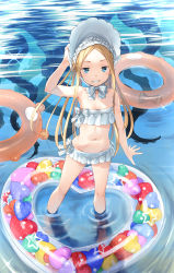 Rule 34 | 1girl, abigail williams (fate), abigail williams (swimsuit foreigner) (fate), abigail williams (swimsuit foreigner) (third ascension) (fate), bare shoulders, bikini, blonde hair, blue eyes, blush, bonnet, bow, braid, braided hair rings, breasts, fate/grand order, fate (series), forehead, hair bow, hair rings, heibonkaeru, highres, innertube, long hair, looking at viewer, miniskirt, navel, parted bangs, photoshop (medium), revision, ripples, sidelocks, skirt, small breasts, smile, swim ring, swimsuit, tentacles, twin braids, twintails, very long hair, wading, water, white bikini, white bow, white headwear