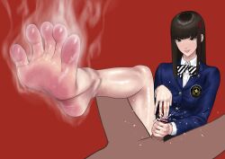 Rule 34 | 1girl, barefoot, black hair, clothed female nude male, cum, ejaculation, feet, green eyes, handjob, highres, koukou panchi, long hair, nude, parted lips, persona, persona 5, soles, steam, sweat, toes, tougou hifumi
