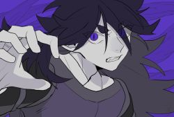 Rule 34 | 1boy, black hair, drruraguchi, eyes visible through hair, fengxi (the legend of luoxiaohei), hand up, highres, long hair, parted lips, pointy ears, purple background, purple eyes, shadow, slit pupils, solo, luo xiaohei zhanji, upper body