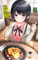 Rule 34 | 1girl, :t, black hair, black ribbon, black skirt, breasts, chair, closed mouth, collared shirt, commentary request, diagonal stripes, dress shirt, eating, food, food on face, fork, fruit, grey jacket, hands up, heart, highres, holding, holding fork, indoors, jacket, knife, long hair, long sleeves, looking at viewer, neck ribbon, neku (neku draw), on chair, open clothes, open jacket, original, pink shirt, plant, pleated skirt, potted plant, red eyes, ribbon, shirt, sitting, skirt, sleeves past wrists, small breasts, smile, solo, strawberry, striped, table, twintails, upper body, window, wooden floor