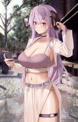 Rule 34 | 1girl, armpits, belt, blush, braid, breasts, choker, cleavage, closed mouth, collarbone, crop top, cropped jacket, earrings, hair between eyes, hair ornament, highres, holding, holding phone, horns, huge breasts, jewelry, long hair, long skirt, long sleeves, looking at viewer, mole, mole on breast, nail polish, navel, original, phone, pointy ears, purple hair, red eyes, ru zhai, side slit, sidelocks, skirt, solo, thigh strap, thighs, very long hair