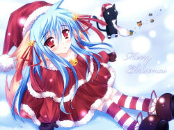 Rule 34 | 1girl, animal ears, bad id, bad pixiv id, bell, blue hair, cat, child, christmas, collar, gloves, hair bell, hair ornament, hat, jingle bell, mikan (5555), neck bell, nursery rhyme, original, red eyes, santa costume, shikishima krile, snow, solo, striped clothes, striped thighhighs, tail, thighhighs