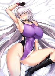 Rule 34 | 1girl, ahoge, armpits, bed, bed sheet, blush, boots, breasts, cleavage, competition swimsuit, fate/grand order, fate (series), gloves, jeanne d&#039;arc (fate), jeanne d&#039;arc alter (avenger) (fate), jeanne d&#039;arc alter (fate), knee boots, kumakichi (cost-lost), large breasts, long hair, looking at viewer, lying, on back, one-piece swimsuit, platinum blonde hair, purple one-piece swimsuit, solo, swimsuit, yellow eyes