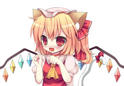 Rule 34 | 1girl, :d, absurdres, animal ears, ascot, blonde hair, blush, cat ears, cat girl, cat tail, female focus, flandre scarlet, hat, highres, kemonomimi mode, looking at viewer, open mouth, paw pose, red eyes, short hair, side ponytail, simple background, smile, solo, swami, tail, touhou, upper body, white background, wings