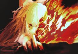 Rule 34 | 1girl, blood, blood on face, blood on hands, bow, burnt clothes, chinese commentary, commentary, covering own mouth, fingernails, fire, fujiwara no mokou, hair bow, hair over eyes, highres, long hair, looking at viewer, portrait, red eyes, solo, touhou, white bow, white hair, xinzang baozha