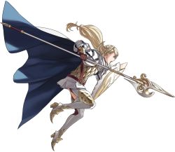 Rule 34 | 1girl, armor, blonde hair, blue cape, boots, braid, cape, crown braid, fire emblem, fire emblem heroes, full body, gloves, green eyes, highres, holding, holding weapon, kozaki yuusuke, long hair, low ponytail, miniskirt, nintendo, official art, open mouth, polearm, scale armor, serious, sharena (fire emblem), shield, skirt, solo, spear, thigh boots, thighhighs, transparent background, weapon, white cape, zettai ryouiki