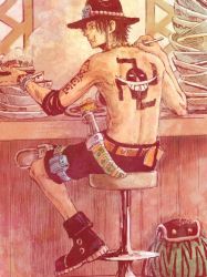 Rule 34 | 1boy, alabasta, back, backpack, bag, bar (place), belt, black shorts, boots, eating, food, fork, freckles, full body, hat, indoors, jewelry, jolly roger, knife, male focus, muscular, necklace, one piece, pirate, plate, portgas d. ace, sad face, sheath, sheathed, topless male, shorts, sitting, solo, stampede string, tattoo, thigh strap