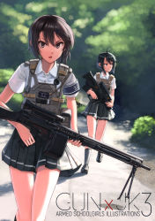 Rule 34 | 2girls, airburst grenade launcher, alliant techsystems, ammunition box, armed school girls illustrations: gun x jk, armed school girls illustrations: gun x jk 3, bad id, bad pixiv id, black eyes, black hair, blurry, blurry background, bullpup, closed mouth, computerized scope, day, dreadtie, dress shirt, earphones, fuchigaki kaede, general-purpose machine gun, grenade launcher, gun, hair ornament, hairclip, hazard symbol, heckler &amp; koch, highres, hk21, kitahama chika, l-3 ios brashear, loafers, looking at viewer, looking to the side, machine gun, military, multiple girls, open mouth, orbital atk, original, outdoors, pleated skirt, precision-guided firearm, prototype design, running, scope, semi-automatic firearm, semi-automatic grenade launcher, shirt, shoes, short hair, sight (weapon), skirt, smart scope, swept bangs, telescopic sight, weapon, xm104 (smart scope), xm25 cdte