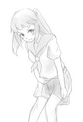 Rule 34 | 1girl, azukilib, blush, embarrassed, female focus, flat chest, greyscale, hair tie, have to pee, looking at viewer, miniskirt, monochrome, neckerchief, original, pleated skirt, sailor collar, school uniform, serafuku, shirt, short sleeves, simple background, sketch, skirt, solo, standing, twintails, white background