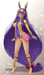 Rule 34 | 1girl, absurdly long hair, animal ears, armlet, armor, bare shoulders, barefoot, belly chain, bikini, bikini top lift, blush, bracelet, breasts, chain, closed mouth, clothes lift, dark-skinned female, dark skin, detached collar, earrings, facepaint, facial mark, fate/grand order, fate (series), feet, hair between eyes, hairband, halterneck, highres, hip focus, hoop earrings, jackal ears, jewelry, large breasts, legband, legs, long hair, looking at viewer, low-tied long hair, mouth hold, nipple slip, nipples, nitocris (fate), one-piece swimsuit, pauldrons, pelvic curtain, purple eyes, purple hair, ryu-akt, shiny skin, shoulder armor, sidelocks, solo, swimsuit, thighs, tiptoes, usekh collar, very long hair, white one-piece swimsuit, wristband