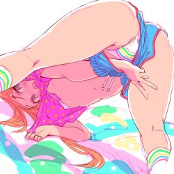 Rule 34 | 1girl, absurdres, bent over, blue shorts, blush, breasts, brown hair, clothes lift, clothing aside, commentary request, crotch seam, grey eyes, hand under clothes, hand under shorts, highres, lifted by self, multicolored stripes, navel, open mouth, original, panties, pink shirt, polka dot, polka dot shirt, shirt, shirt lift, shorts, shorts aside, small breasts, smile, socks, solo, standing, striped, underwear, upshirt, upshorts, v, white panties, white socks, zasha