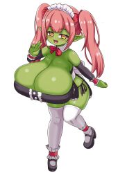 Rule 34 | :d, blush, bow, bowtie, breasts, center frills, cleavage, colored skin, detached collar, detached sleeves, fang, female goblin, frills, goblin, green skin, highres, huge breasts, long hair, long pointy ears, maid, maid headdress, mary janes, nav (itsnav), open mouth, oppai loli, original, panties, pink hair, pointy ears, shoes, side-tie panties, side slit, simple background, skindentation, smile, thighhighs, twintails, underwear, white background, white thighhighs, yellow eyes