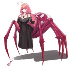 Rule 34 | absurdres, ahoge, alternate hair color, arachne, arthropod girl, bare shoulders, black dress, black gloves, breasts, cleavage, commentary, dress, english commentary, extra eyes, eyes visible through hair, gloves, hand on own hip, highres, insect girl, jewelry, large breasts, monster girl, monsterification, necklace, off-shoulder dress, off shoulder, prism project, qtini, red eyes, red hair, rikudou yura, shadow, signature, solo, spider girl, taur, virtual youtuber, white background