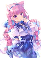 Rule 34 | 1girl, :o, animal ear fluff, animal ears, blue bow, blue hair, blue hairband, blue ribbon, blue sailor collar, blue skirt, blurry, blurry background, bow, braid, breasts, cat ears, commentary request, depth of field, frilled sailor collar, frills, hairband, hand up, highres, hololive, jacket, long hair, long sleeves, looking at viewer, medium breasts, minato aqua, minato aqua (sailor), multicolored hair, nanamomo rio, open clothes, open jacket, pantyhose, parted lips, pink hair, pleated skirt, puffy short sleeves, puffy sleeves, purple eyes, ribbon, sailor collar, shirt, short sleeves, simple background, skirt, sleeves past wrists, solo, twin braids, twintails, two-tone hair, very long hair, virtual youtuber, white background, white jacket, white pantyhose, white shirt