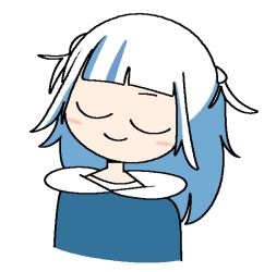 Rule 34 | 1girl, blue hair, blue sweater, blunt bangs, blush, blush stickers, closed eyes, closed mouth, cropped torso, female focus, flat chest, gawr gura, happy, head tilt, hololive, hololive english, jaggy lines, long hair, multicolored hair, shirt, sidelocks, simple background, sketch, smile, solo, streaked hair, sweater, two-tone hair, upper body, vilepluff, virtual youtuber, white background, white hair, white shirt