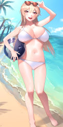 Rule 34 | 1girl, :d, absurdres, adjusting eyewear, arm up, ball, bare arms, bare shoulders, barefoot, beach, beachball, bikini, blonde hair, breasts, cleavage, day, eyewear on head, full body, furen e lustario, halterneck, hand on eyewear, highres, holding, large breasts, long hair, looking at viewer, navel, nijisanji, open mouth, outdoors, red eyes, smile, solo, standing, stomach, string bikini, sunglasses, swimsuit, thighs, ubo (ubo tales), virtual youtuber, white bikini