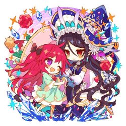 2girls, ;d, bangs, black bow, black hair, blush, bow, character request, crystal, dress, eyebrows visible through hair, flower, hand holding, hat, hibi89, long hair, looking at another, merc storia, multiple girls, one eye closed, open mouth, orange eyes, purple eyes, red flower, red hair, red rose, rose, smile, star (symbol), two side up, very long hair, white flower, white rose, witch hat