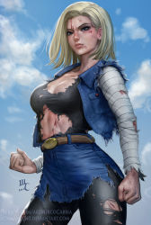 Rule 34 | 1girl, android 18, black pantyhose, black shirt, blonde hair, blood, blood on face, blouse, blue eyes, breasts, cleavage, clenched hands, closed mouth, cloud, cowboy shot, cuts, day, denim, denim skirt, dragon ball, dragonball z, earrings, highres, injury, jewelry, long sleeves, medium breasts, outdoors, pantyhose, realistic, revision, revision available, sciamano240, shirt, short hair, skirt, sky, solo, torn clothes, torn pantyhose, torn shirt, watermark, web address