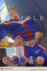 Rule 34 | 1boy, all might, antenna hair, bad id, bad pixiv id, bara, blonde hair, blue eyes, boku no hero academia, bulge, cerberus arts, covered abs, covered erect nipples, covered navel, cowboy shot, grin, hair slicked back, hands on own hips, highres, large pectorals, male focus, muscular, paid reward available, patreon logo, pectorals, sample watermark, smile, solo, superhero costume, thighs, upper body, watermark, yagi toshinori