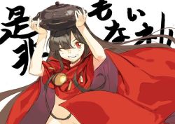 Rule 34 | 1girl, ;d, bad id, bad twitter id, black hair, cape, fate/grand order, fate (series), koha-ace, long hair, looking at viewer, naked cape, navel, oda nobunaga (fate), oda nobunaga (koha-ace), one eye closed, open mouth, pako (pakosun), red eyes, smile, solo, teeth