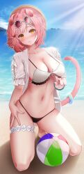 Rule 34 | 1girl, absurdres, animal ears, arknights, ball, beach, beachball, bikini, bikini tug, black bikini, blue sky, blush, braid, breasts, cat ears, cat girl, cleavage, day, eyewear on head, floppy ears, food-themed hair ornament, goldenglow (arknights), goldenglow (summer flowers) (arknights), hair ornament, hairclip, highres, jacket, kallen majnun, kneeling, large breasts, looking at viewer, official alternate costume, open clothes, open jacket, outdoors, parted lips, pink-tinted eyewear, pink hair, sand, see-through, short sleeves, skindentation, sky, smile, solo, sunglasses, sunlight, swimsuit, tail, tail ornament, tail ring, thigh strap, thighs, tinted eyewear, water, watermelon hair ornament, white bikini, white jacket, yellow eyes