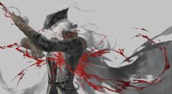 Rule 34 | 1girl, ascot, blood, blood on clothes, blood stain, bloodborne, double-blade, gem, hat, hat feather, highres, jiao chang, lady maria of the astral clocktower, rakuyo (bloodborne), solo, tricorne, weapon, white ascot, white hair