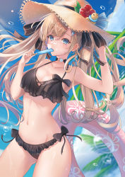 Rule 34 | 1girl, absurdres, bare legs, bikini, black bikini, blue eyes, blue sky, breasts, brown hair, cleavage, collarbone, commentary request, day, eating, flower, food, frilled bikini, frills, hair ornament, hair ribbon, hand on headwear, hat, hat flower, highres, holding, holding food, huge filesize, innertube, light rays, long hair, looking at viewer, medium breasts, navel, original, outdoors, palm tree, popsicle, ribbon, sky, solo, sora01o, standing, straw hat, sun hat, sunbeam, sunlight, swim ring, swimsuit, thighs, tree, water drop
