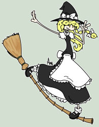Rule 34 | 1girl, apron, blonde hair, bow, braid, broom, broom surfing, green background, grim-evilnov, grin, hair bow, hat, hat bow, highres, kirisame marisa, outstretched arm, side braid, signature, simple background, smile, solo, touhou, v, waist apron, witch hat, yellow eyes