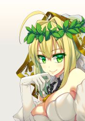 Rule 34 | 1girl, ahoge, akino sora, blonde hair, breasts, chain, closed mouth, commentary, dress, elbow gloves, fate/grand order, fate (series), gloves, green eyes, grey background, hair intakes, hand up, highres, large breasts, laurel crown, lock, looking at viewer, nero claudius (bride) (fate), nero claudius (bride) (third ascension) (fate), nero claudius (fate), nero claudius (fate) (all), smile, solo, upper body, white dress, white gloves