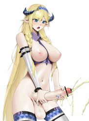 Rule 34 | 1futa, :o, absurdres, arknights, between breasts, black necktie, blonde hair, blue eyes, blue hairband, blue nails, blush, braid, breasts, cowboy shot, cum, detached collar, detached sleeves, dragon horns, ejaculation, female pubic hair, futanari, futanari masturbation, hairband, highres, horns, large breasts, large penis, long hair, long sleeves, looking down, masturbation, nail polish, necktie, necktie between breasts, nipples, norunollu, nose blush, nude, open mouth, penis, pointy ears, pubic hair, saileach (arknights), simple background, solo, testicles, thighhighs, twin braids, veins, veiny penis, very long hair, white background, white thighhighs