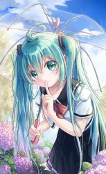 Rule 34 | 10s, 1girl, 2016, ahoge, buji, dated, finger to mouth, flower, green eyes, green hair, hatsune miku, highres, hydrangea, leaning forward, long hair, looking at viewer, matching hair/eyes, rain, skirt, snail, solo, transparent, transparent umbrella, twintails, umbrella, very long hair, vocaloid