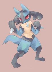 Rule 34 | 1boy, animal ears, animal feet, animal hands, animal nose, black fur, blue fur, body fur, closed mouth, creatures (company), feet, full body, furry, furry male, game freak, gen 4 pokemon, hands up, lucario, male focus, multicolored fur, natsumekan, nintendo, pawpads, pokemon, pokemon (creature), red background, red eyes, simple background, snout, solo, spikes, standing, tail, wolf boy, wolf ears, wolf tail, yellow fur