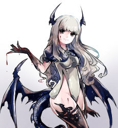 Rule 34 | 1girl, black gloves, black thighhighs, blood, blue wings, breasts, character request, closed mouth, collarbone, commentary request, dragon girl, dragon horns, dragon tail, elbow gloves, gloves, gradient background, grey background, grey eyes, grey hair, grey leotard, groin, head tilt, highleg, highleg leotard, highres, horns, leotard, light smile, long hair, low wings, medium breasts, pikomarie, puffy short sleeves, puffy sleeves, shadowverse, shingeki no bahamut, short sleeves, solo, tail, thighhighs, torn wings, very long hair, white background, wings