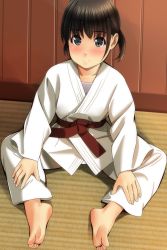 Rule 34 | 1girl, barefoot, black eyes, blush, brown hair, closed mouth, commentary request, dougi, feet, fingernails, hands on legs, highres, indoors, karate gi, matsunaga kouyou, nose blush, on floor, original, short twintails, sidelocks, sitting, smile, soles, solo, sweat, tatami, twintails