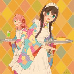 Rule 34 | 2girls, :d, ;d, akashi (kancolle), alternate costume, alternate hairstyle, apron, black hair, braid, cake, cherry, cocktail, cocktail glass, colis, commentary request, crossed bangs, cup, drinking glass, flower, food, fruit, glasses, green eyes, hair flower, hair ornament, hair ribbon, hairband, hurricane glass, ice cream, ice cream float, japanese clothes, kantai collection, long hair, maid, maid apron, maid headdress, multiple girls, one eye closed, ooyodo (kancolle), open mouth, pastel colors, pink hair, red flower, red ribbon, ribbon, smile, tray, twin braids, twitter username, wa maid