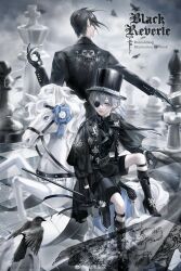 Rule 34 | 2boys, badge, belt, bird, bishop (chess), bishounen, black capelet, black footwear, black gloves, black hair, black headwear, black jacket, black shorts, black skirt, blue eyes, blue hair, blue ribbon, board game, boots, buttons, capelet, checkered floor, chess, chess piece, ciel phantomhive, copyright name, cover, cover page, crow, earrings, eb016, eyepatch, facing away, from behind, gloves, goth fashion, hat, highres, holding, holding clock, horse, jacket, jewelry, king (chess), kuroshitsuji, looking at viewer, male focus, multiple boys, pawn (chess), pleated skirt, print jacket, ribbon, rook (chess), sebastian michaelis, short hair, shorts, sitting, skirt, thigh strap, top hat, victorian, white horse
