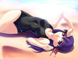 Rule 34 | 00s, 1girl, alternate costume, arm up, beach, black one-piece swimsuit, breasts, clenched hands, competition swimsuit, crossed legs, day, fate/stay night, fate (series), from above, hair ribbon, long hair, looking at viewer, lying, lyng, matou sakura, norizou type-r, ocean, on back, on ground, one-piece swimsuit, outdoors, parted lips, purple eyes, purple hair, ribbon, school swimsuit, small breasts, solo, swimsuit, water