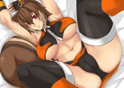 Rule 34 | 1girl, animal ears, antenna hair, arc system works, armpits, arms up, bad id, bad pixiv id, bed sheet, black panties, blazblue, blazblue: continuum shift, blush, breasts, brown hair, cameltoe, exaxuxer, fingerless gloves, gloves, highres, large breasts, looking at viewer, lying, makoto nanaya, multicolored hair, on back, panties, parted lips, red eyes, revealing clothes, short hair, solo, spread legs, squirrel ears, squirrel tail, tail, thighhighs, two-tone hair, underboob, underwear