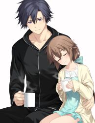 Rule 34 | 1boy, 1girl, blue hair, blue nightgown, blush, bow, brown hair, closed eyes, commentary, cup, eiyuu densetsu, hair bow, hakuleg, hand on another&#039;s hip, heart, holding, holding cup, long hair, mug, nightgown, purple eyes, rean schwarzer, sen no kiseki, short hair, simple background, smile, symbol-only commentary, towa herschel, white background
