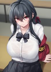 Rule 34 | 1girl, armband, azur lane, black bow, black bowtie, black hair, black skirt, blurry, blurry background, bow, bowtie, breasts, closed mouth, collared shirt, crossed bangs, hair between eyes, highres, indoors, jacket, large breasts, long hair, long sleeves, looking at viewer, rebutsu, red eyes, red jacket, shirt, sitting, skirt, solo, taihou (azur lane), taihou (sweet time after school) (azur lane), white shirt, yellow armband
