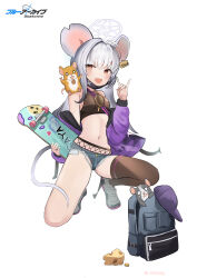 Rule 34 | 1girl, absurdres, ahoge, animal ears, backpack, bag, bare shoulders, blue archive, blue shorts, breasts, brown shirt, brown thighhighs, crop top, denim, denim shorts, exposed pocket, fang, fishnets, fox shadow puppet, halo, highres, iino (isnyong), jacket, long hair, long sleeves, looking at viewer, mask, mask pull, micro shorts, midriff, mouse (animal), mouse ears, mouse girl, mouse tail, mouth mask, navel, nezusuke (blue archive), off shoulder, official alternate costume, on one knee, open clothes, open jacket, open mouth, purple jacket, red eyes, saya (blue archive), saya (casual) (blue archive), shirt, shoes, shorts, single thighhigh, skateboard, sleeveless, sleeveless shirt, small breasts, smile, solo, stomach, tail, thighhighs, thighs, torn clothes, torn shorts, white hair