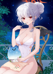 Rule 34 | 1girl, absurdres, ash (cat7evy), blue archive, braid, breasts, chair, collarbone, covered navel, demon wings, food, grey hair, halo, haruna (blue archive), haruna (swimsuit) (blue archive), highres, holding, holding spoon, large breasts, long hair, looking at viewer, night, night sky, official alternate costume, one-piece swimsuit, red eyes, shaved ice, single braid, sitting, sky, smile, solo, spoon, swimsuit, white one-piece swimsuit, wings