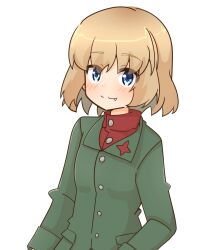 Rule 34 | 1girl, blonde hair, blue eyes, bob cut, closed mouth, commentary, fang, girls und panzer, green jacket, jacket, katyusha (girls und panzer), light blush, long sleeves, looking at viewer, pravda school uniform, red shirt, rico (rico-tei), school uniform, shirt, short hair, simple background, smile, solo, turtleneck, upper body, white background