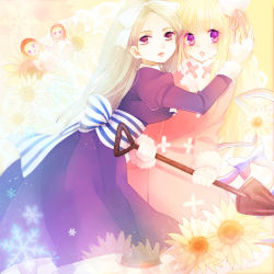 Rule 34 | 2girls, :o, axis powers hetalia, belarus (hetalia), blonde hair, bow, doll, dress, flower, fur trim, gender request, genderswap, gloves, hair bow, hand on another&#039;s head, hat, highres, holding, lips, long hair, long sleeves, looking at viewer, matryoshka doll, multiple girls, open mouth, parted lips, petticoat, pink dress, pink eyes, pink ribbon, puffy long sleeves, puffy sleeves, purple dress, purple eyes, q-chiang, ribbon, russia (hetalia), shovel, snowflakes, striped, striped bow, white bow, white gloves, worktool