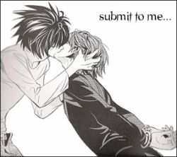 Rule 34 | 00s, 2boys, arms behind back, cuffed, cuffs, death note, english text, handcuffs, kiss, l (death note), lowres, male focus, monochrome, multiple boys, simple background, white background, yagami light, yaoi