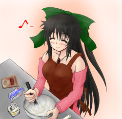 Rule 34 | 1girl, alternate costume, apron, azumax, blush, contemporary, cooking, detached sleeves, closed eyes, female focus, food, jewelry, long hair, mixing bowl, musical note, necklace, reiuji utsuho, ribbon, smile, solo, touhou, very long hair, whisk