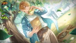 Rule 34 | 1boy, akechi hideki, architecture, artist request, blonde hair, blue eyes, box, bracelet, brown background, brown pants, dutch angle, east asian architecture, envelope, falling leaves, highres, holding, holding envelope, holding letter, hole, jewelry, leaf, letter, light blue jacket, mahjong soul, male focus, official art, official wallpaper, outdoors, pants, shirt, solo, tree, trowel, white shirt